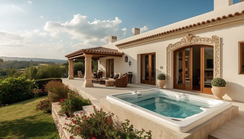 Warmly lit social area inside a private Spanish villa